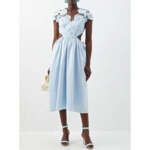 Self-Portrait Guipure Lace & Cotton Poplin Midi Dress Light Blue US Sz 6 UK 10